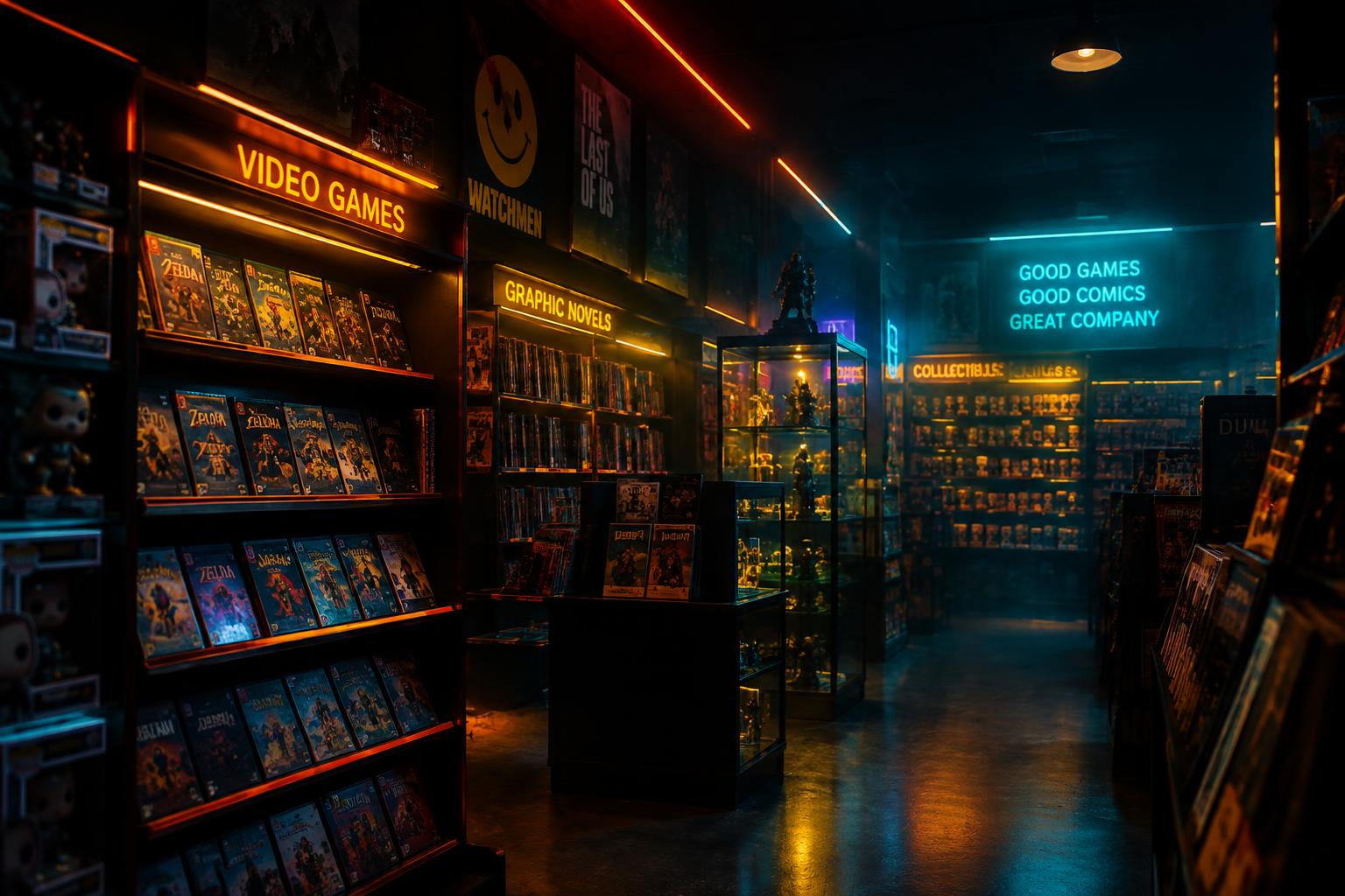 Dimly lit retro shop aisle with shelves of video games, graphic novels, and spotlit collectibles